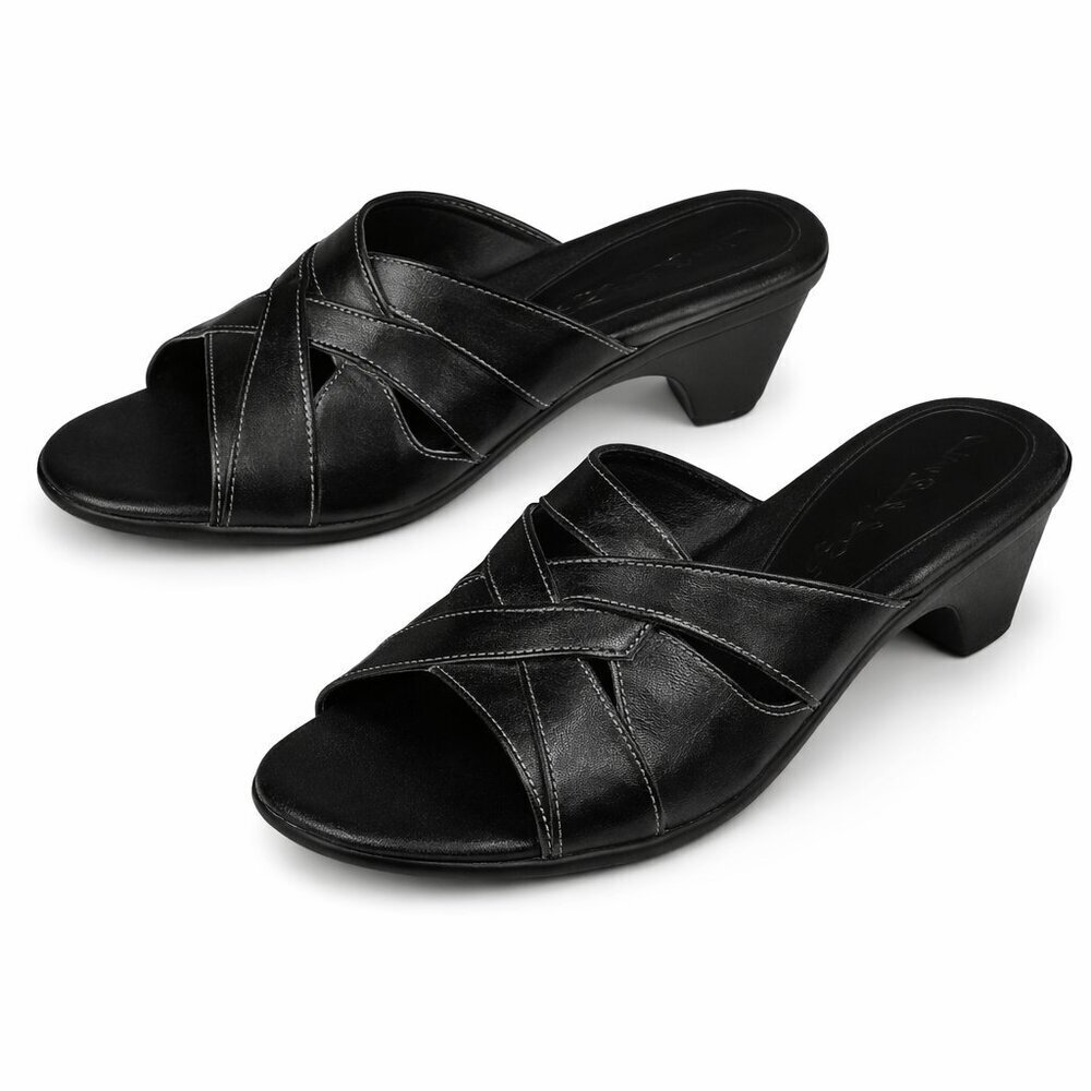 CLARKS Black Leather Slip-On Mules Heels Shoes 6M